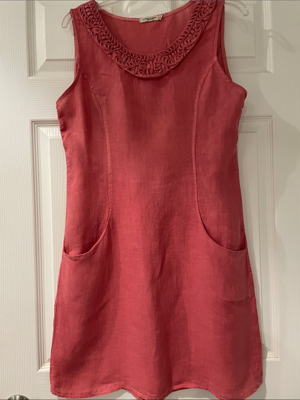 Coral Sleeveless 100% Linen Shift Dress with Braided Scoop Neck - Picture 5 of 8